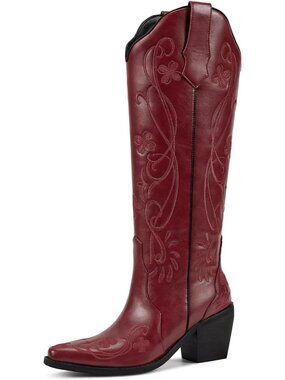 〽️Women's Mid-Calf Cowgirl Boot Red Leather Pointed Toe Embroidered Block Heel